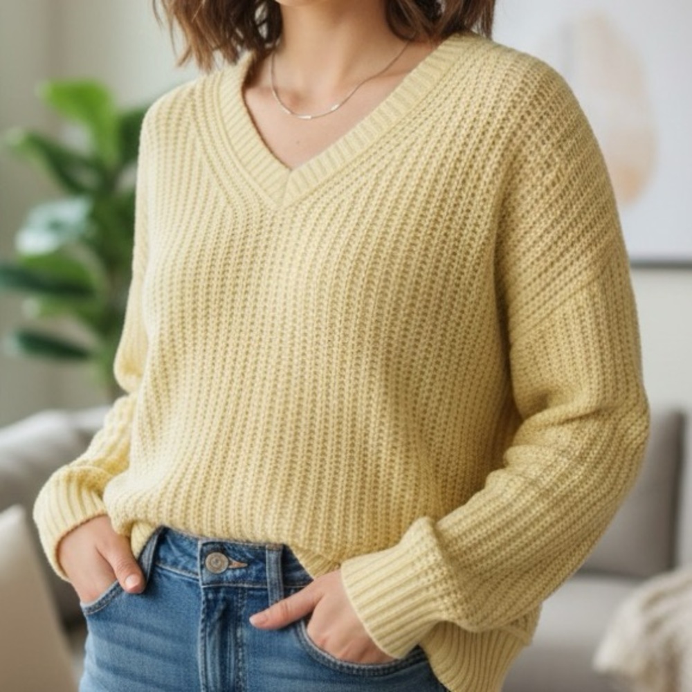 Aeropostale Women's V-Neck Sweater in Warm Yellow